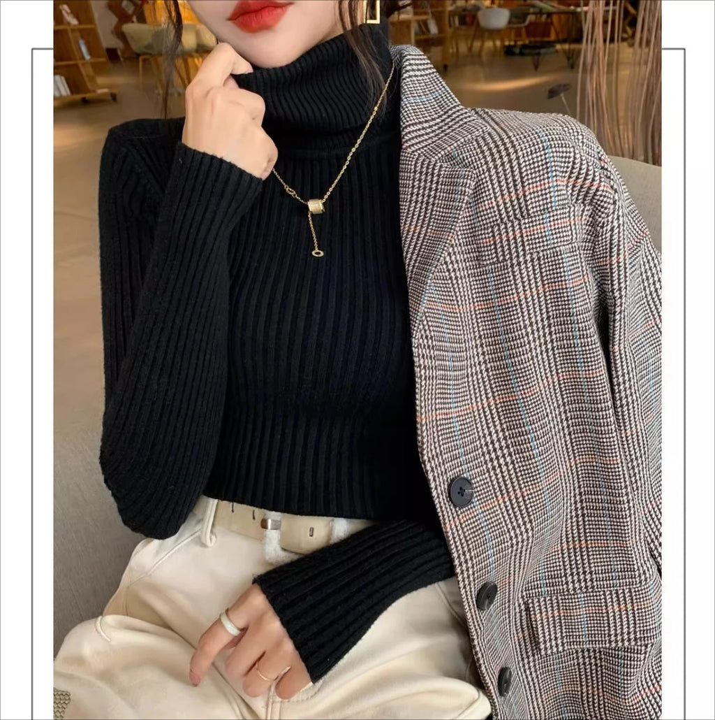 2025 Casual Slim Knitted Pullover Autumn Winter Thick Turtleneck Sweater Base Sweater Korean Style Simple Base Layer Warm Tops
