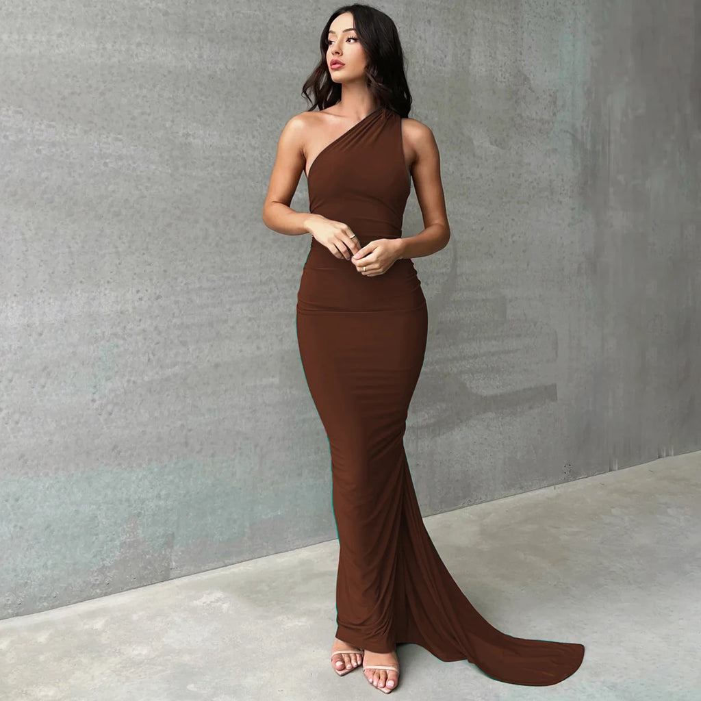 Hugcitar One Shoulder Backless Adjustable Scarf Loop Ruched Sexy Maxi Dress Women Elegant Y2K Streetwear Festival Outfit dress