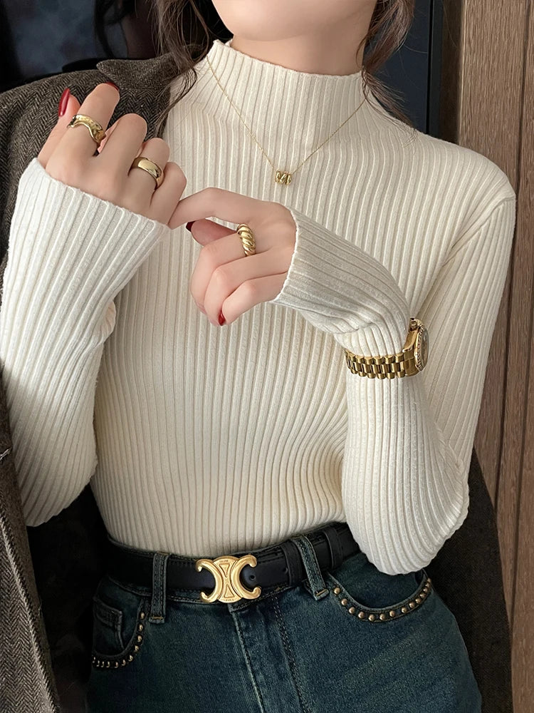 Chic Autumn Winter 2025 Pullovers Women Long Sleeve Casual Turtleneck Warm Basic Sweater Knit Jumpers Solid Color Slim Tops