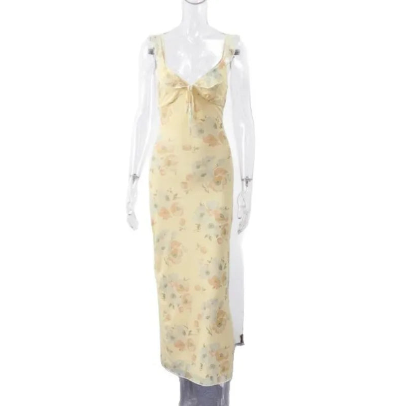 Summer Flower Printed Women's Sexy Low-cut Dress Sleeveless Backless Slim Sling Dresses 2025 Beach Vacation Lady Vestidos