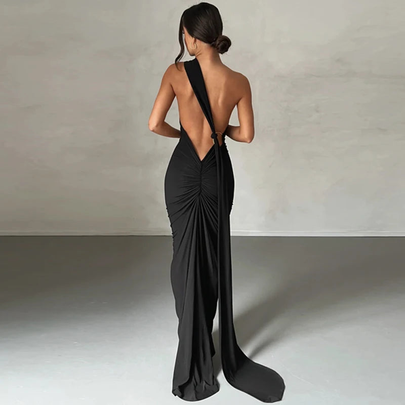 Hugcitar One Shoulder Backless Adjustable Scarf Loop Ruched Sexy Maxi Dress Women Elegant Y2K Streetwear Festival Outfit dress