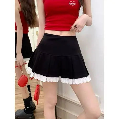 Ruffles Black Mini Skirt Women Korean Patchwork Pleated Skirts Japanese Kawaii High Waist All Match A Line Skirt New
