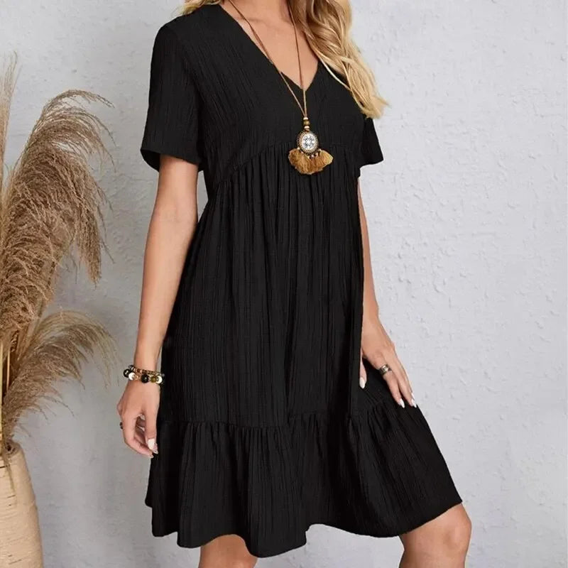 Women Peplum Dresses  V-Neck Short Sleeve Loose Waist Ruffle Fit Flare Vocation Dresses