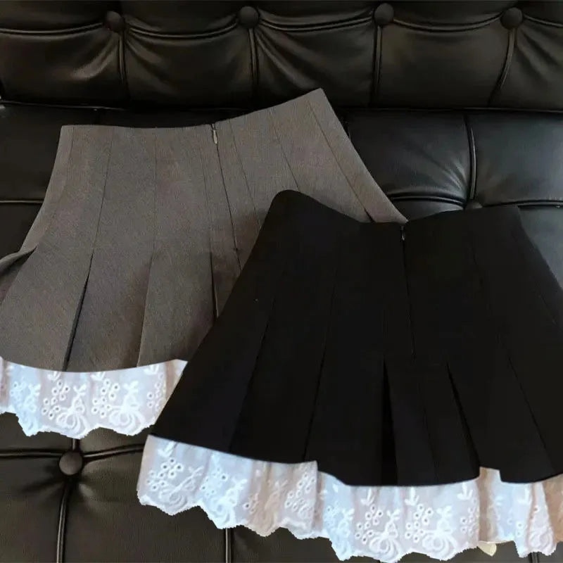 Ruffles Black Mini Skirt Women Korean Patchwork Pleated Skirts Japanese Kawaii High Waist All Match A Line Skirt New