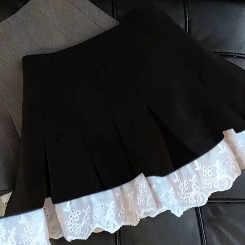 Ruffles Black Mini Skirt Women Korean Patchwork Pleated Skirts Japanese Kawaii High Waist All Match A Line Skirt New